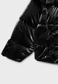 Giacca a collo alto nera in tessuto trapuntato con finitura lucida, caratterizzata da sezioni imbottite e maniche larghe leggermente affusolate. Il materiale appare liscio e lucido.