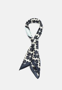 Silk scarf featuring a cream background with navy floral patterns and a blue accent. The ends are pointed, with neat edging.