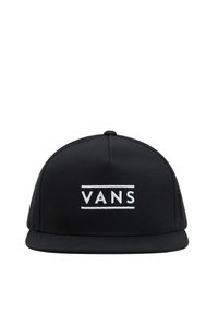 Gorra negra de tela, con visera plana y el logotipo bordado en blanco "VANS" con rayas horizontales arriba y abajo del texto.