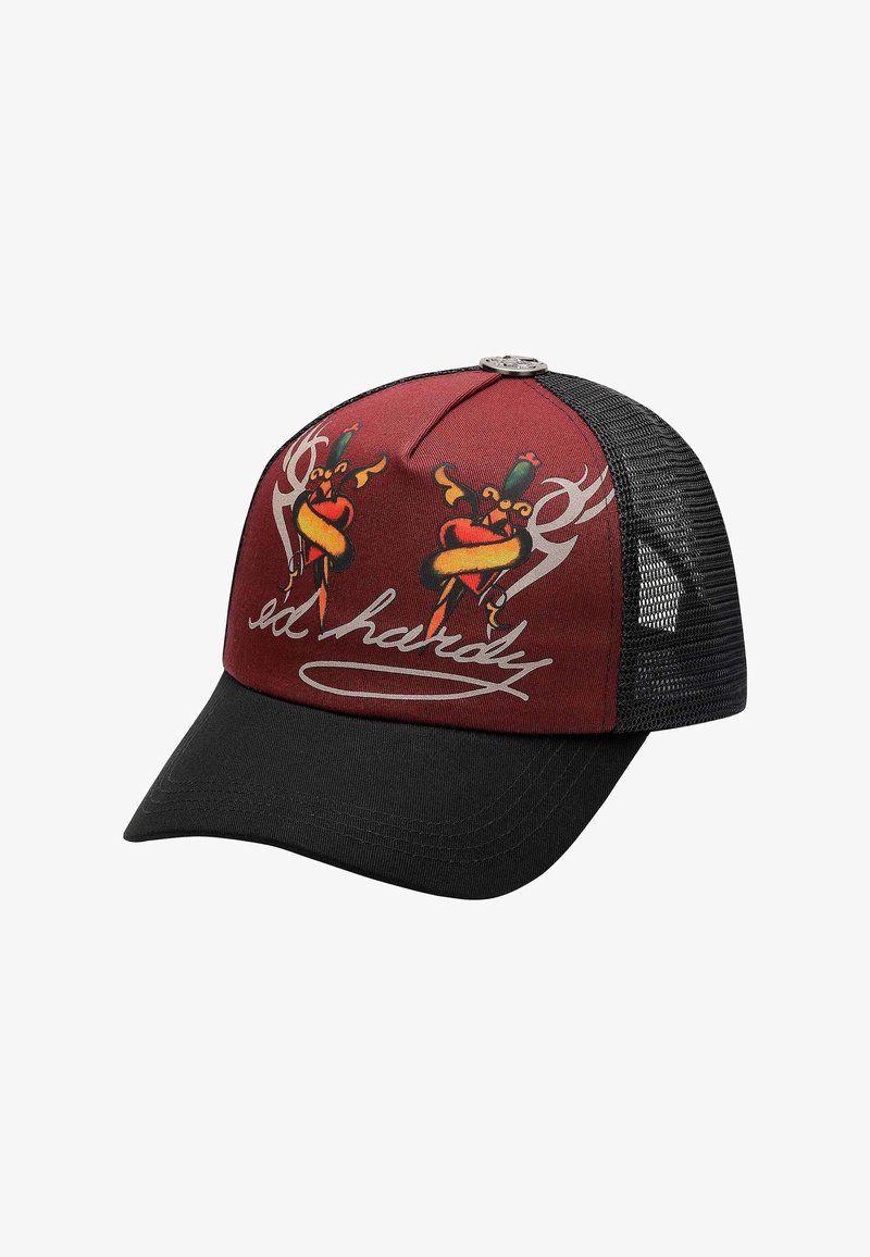 Red and black trucker hat featuring two cartoonish hearts entwined with swords and the text "Ed Hardy" in white cursive. Mesh backing visible.