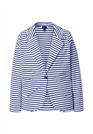 Biały żakiet z poziomymi granatowymi paskami, kołnierz z wycięciem typu notch, dwie naszywane kieszenie z przodu oraz pojedyncze zapięcie na granatowy guzik.