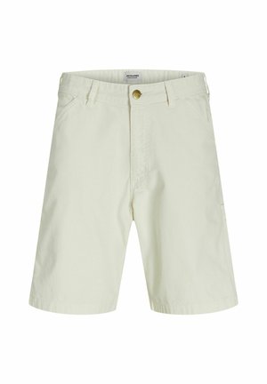 Lichtbeige shorts van katoen, voorzien van een knoopsluiting, vijf zakken en een recht pelerin met een zachte, gladde textuur.