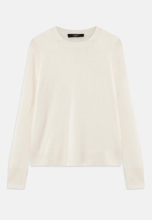 Pull en tricot de couleur crème avec un col rond, des manches longues et des accents côtelés aux poignets et à l'ourlet. Texture douce et fine.