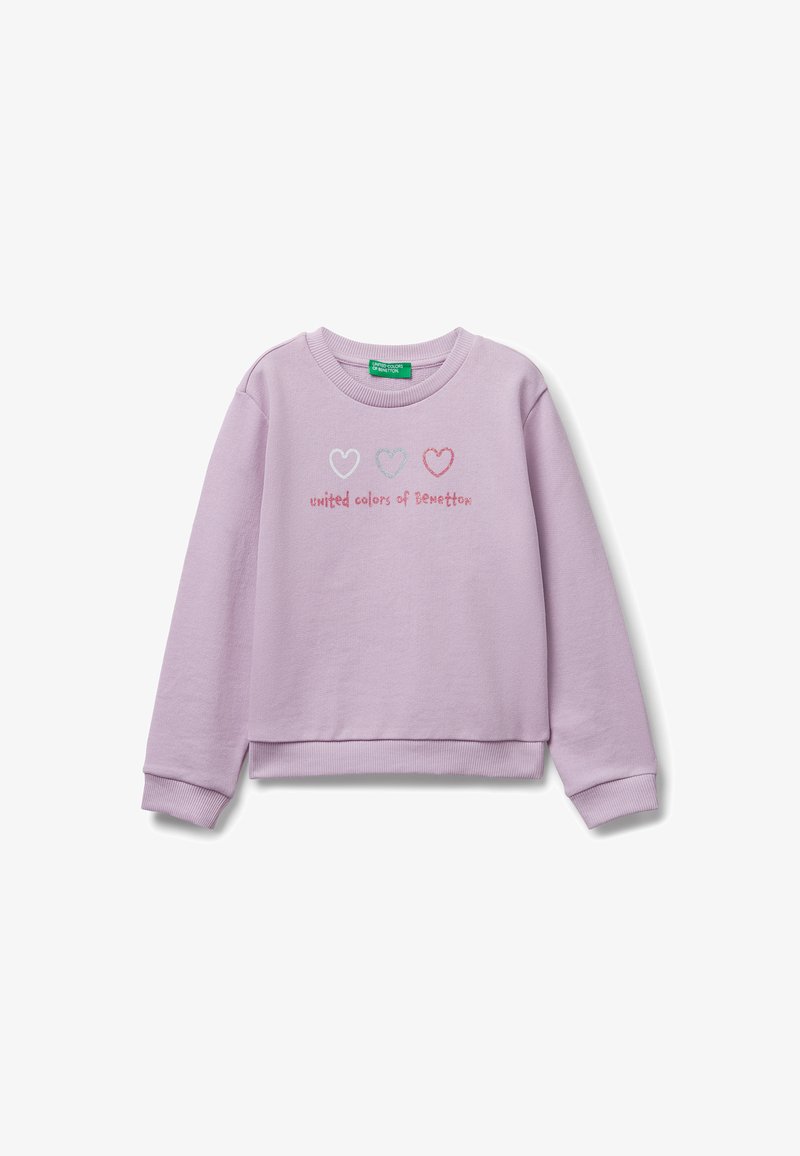Felpa a maniche lunghe di colore lilla con polsini e orlo a coste, caratterizzata da tre cuori luccicanti e la scritta "united colors of Benetton" sul petto.