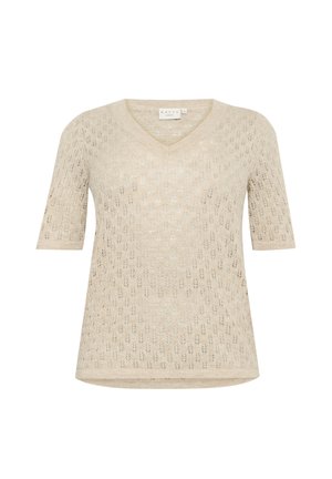 Top de punto de manga corta beige con escote en V y patrón de encaje floral, etiquetado "Kaffe curve," exhibido sobre fondo blanco.