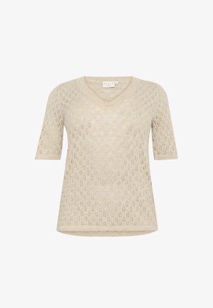 Beige krátký rukáv pletený top s výstřihem do V a květinovým krajkovým vzorem, označený "Kaffe curve", vystavený na bílém pozadí.