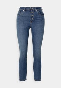 Sötétkék farmernadrág magas derekkal, öt gombbal záródik, enyhén ki van fakulva. Slim fit fazon, standard zsebekkel és egyenes szárú kialakítással.