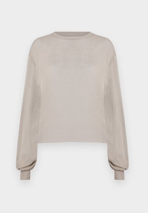 Beige cropped sweater made of a soft, lightweight knitted fabric. Features long, slightly puffed sleeves and a ribbed hem.