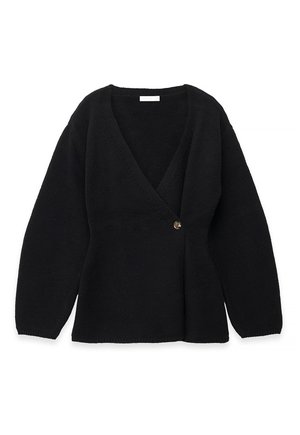 Melnas adītas wrap tipa kardigans ar garām piedurknēm un vienu bruņurupuču krāsas pogu sānos.