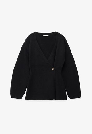 Melnas adītas wrap tipa kardigans ar garām piedurknēm un vienu bruņurupuču krāsas pogu sānos.