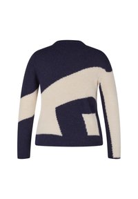 Navyblaues und cremefarbenes Langarmpullover mit abstraktem geometrischem Muster, geripptem Saum und Rundhalsausschnitt, von hinten gezeigt.