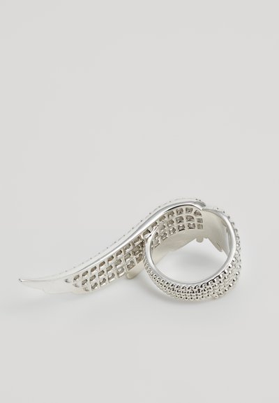 Silver ring with a textured, grid pattern and rounded edges, featuring a raised beaded accent along the band.