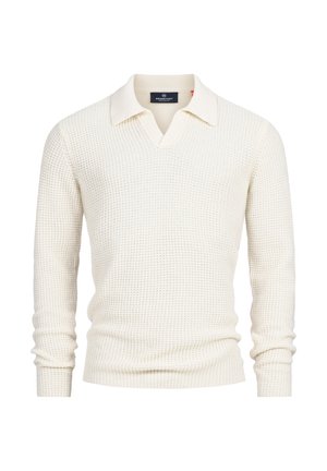 Kremfarget langermet polo genser med strukturert strikket stoff, med V-hals og kontrastfarge på kragen. Merkelapp synlig inne i kragen.