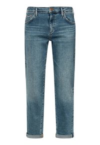 Jeans de mezclilla azul con un diseño de pierna recta. Presentan cinco bolsillos, un dobladillo enrollado y un cierre de botón de cobre. Textura ligeramentem desteñida.