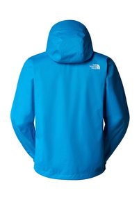 Světlomodrá voděodolná bunda s kapucí, má dlouhé rukávy a logo na horní části zad. Hladký povrch, žádné viditelné vzory ani akcenty.