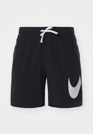 Bañadores negros hechos de un tejido ligero, con una cinturilla elástica y un cordón blanco, además de un gran logo de Nike en plata en el lateral.