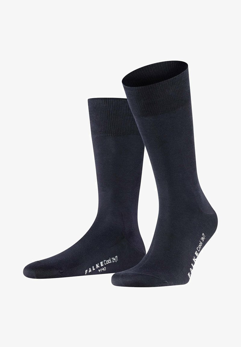 Marinecrew-Socken aus gleichem Material mit geripptem Bündchen, mit weißem "FALKE Cool 24/7"-Text an der Seite.