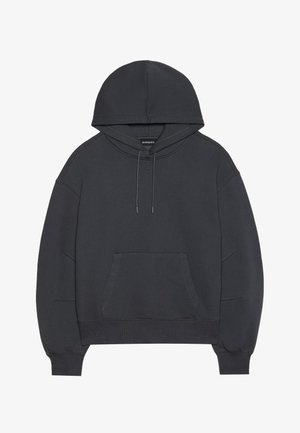 Felpa con cappuccio grigio scuro, dotata di tasca a marsupio, polsini e orlo a costine. Realizzata in tessuto morbido con dettagli di cucitura visibili.