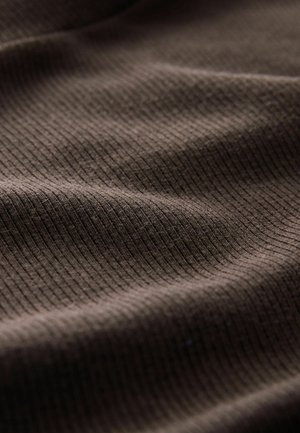 Brown ribbed fabric with a textured surface, featuring soft ridges and subtle sheen, showcasing a smooth, flowing appearance.