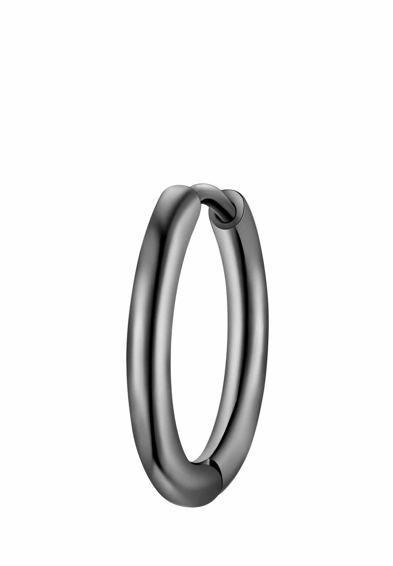 Cercei hoop negri din metal, cu un design neted și rotund. Prezintă un sistem de închidere fără sudură, cu un finisaj lustruit și un stil minimalist.