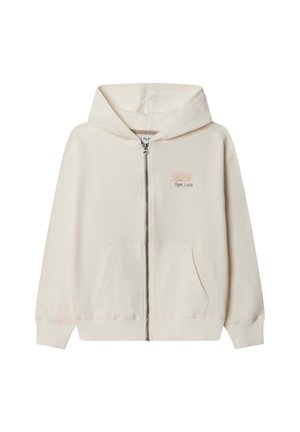 Kapuzenpullover in Cremefarbe mit Reißverschluss, Fronttaschen und kleinem Sonnen-Logo mit "Pepe Jeans"-Schriftzug auf der linken Brust.