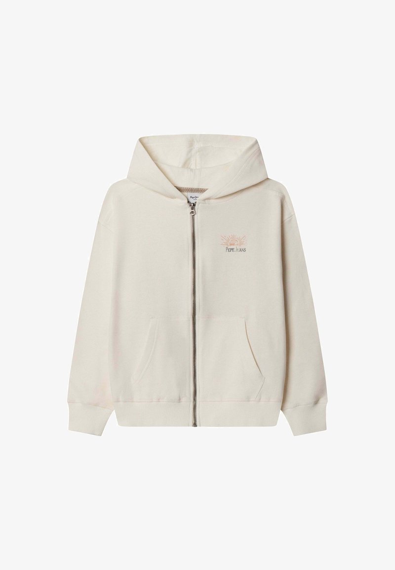 Kremasti zip-up duks s prednjim džepovima i malim sunčevim motivom s tekstom "Pepe Jeans" na lijevoj strani prsa.