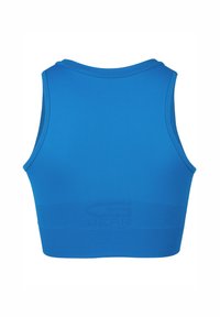 Blauw sportief crop top gemaakt van rekbaar materiaal. Heeft een ronde halslijn en brede banden, met een textuur onderband ontwerp.