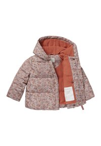 Blommig pufferjacka med en rosa-röd insida och huva. Har quiltad design, framfickor och en vårdtagg inuti.