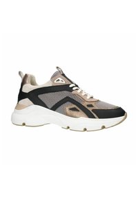 Chunky sneakers met een zwart, beige en lichtbruine mesh bovenwerk, witte tussenzool en textuuraccenten. Voorzien van een gewatteerde kraag en vetersluiting.