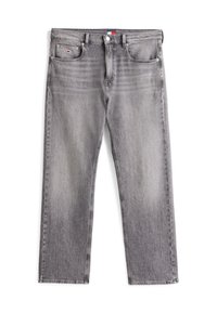 Grå denimjeans med rak ben design, med fem fickor, knappstängning och lätt blekning. Diskreta sömmar längs sidorna.