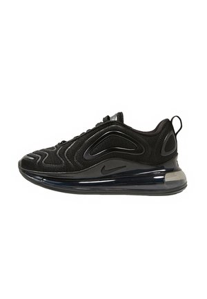 Black athletic shoe featuring a textured mesh upper, cushioned Air Max sole, contrasting accents, and a sleek, modern design.