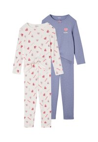 Two sets of children's long-sleeve pajamas: one white with pink heart faces and words, the other purple with small dots and a heart graphic.