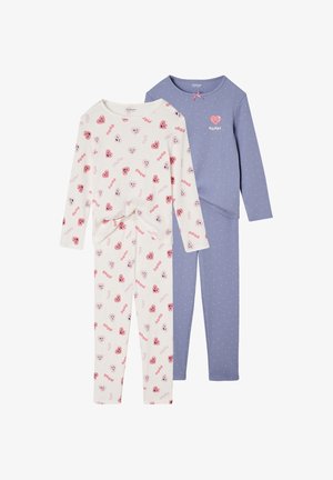 Zwei Sets Kinder Schlafanzüge mit langen Ärmeln: das eine weiß mit rosa Herzgesichtern und Worten, das andere lila mit kleinen Punkten und einer Herzgrafik.