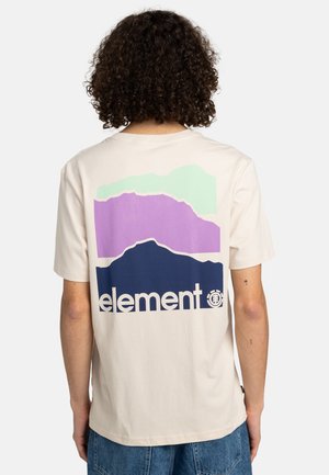 Cream-colored cotton t-shirt with a mountain graphic in purple, green, and navy, featuring the "element" logo centered at the bottom.