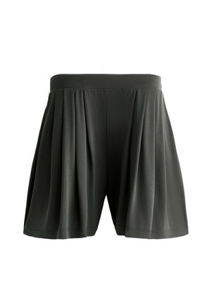 Mørkegrå plisserede shorts med en bred talje, lavet af et glat, let stof, med en løs og afslappet pasform.