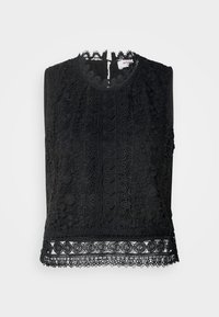 Czarny koronkowy top z kwiatowymi i okrągłymi wzorami, wysoka stójka z zapięciem na guzik oraz falbaniasty dół z misternymi detalami koronkowymi.