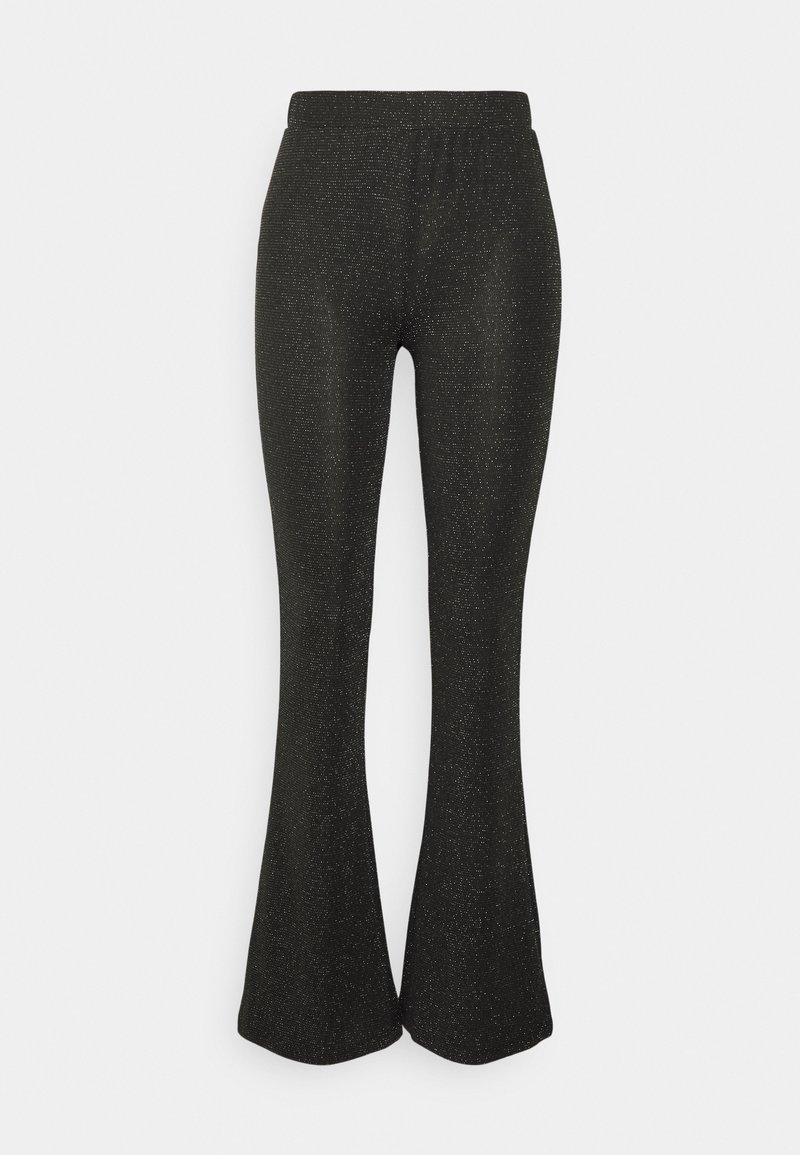 Pantalon flare taille haute noir avec une texture subtile en tissu pailleté argenté, présenté de face sur un fond blanc uni.