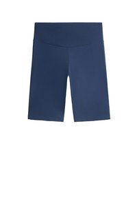 Shorts de vélo bleu marine en tissu extensible, dotés d'une taille haute et d'une texture lisse, sans motifs ni coutures visibles.