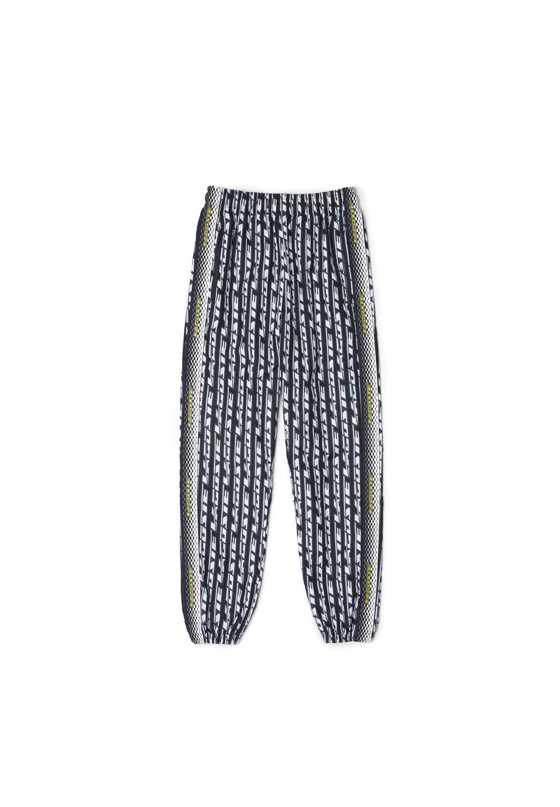 Czarno-białe spodnie w wzory z elastycznym paskiem w talii i mankietami, z pionowymi paskami oraz siateczkowymi panelami bocznymi z żółtymi akcentami.