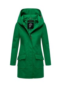 Green waterproof jacket with a hood, featuring a full zipper, two front pockets, and a smooth, matte texture. Accented with a logo tag.
