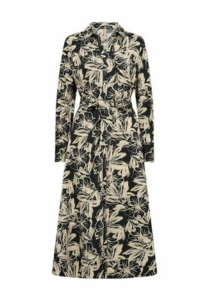 Langarmige jurk van zwarte stof met een off-white bloemmotief, voorzien van een kraag, een ceintuur op de taille en een midilengte. 