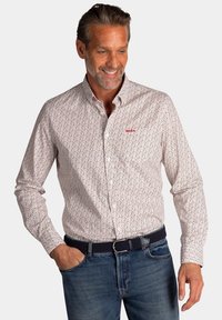 Gestreepte overhemden in het wit met kleine rode en blauwe bloemenprints, lange mouwen en een standaardkraag, gecombineerd met blauwe jeans en een marineblauwe riem.