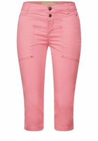 Pantaloni cropped rosa realizzati in tessuto leggero, con chiusura a doppio bottone, tasche frontali e sottili dettagli metallici.
