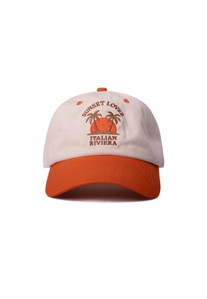 Gorra de béisbol beige y naranja con palmeras bordadas, puesta de sol y texto "Sunset Lover Italian Riviera" en el panel frontal.