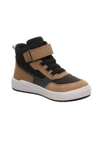 Wysokie trampki z połączeniem czarnej tkaniny, beżowego zamszu i gumowej podeszwy. Zapinane na rzep i sznurówki.