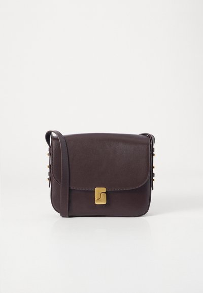 Geantă crossbody din piele maro închis, cu un capac, având un închizător din hardware aurii și accente decorative aurii pe lateral. Textură netedă.