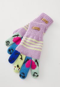 Gestrickte Handschuhe mit einem lilafarbenen Körper, grünen, blauen und pinken Akzenten. Sie haben florale und tierische Muster, einen gerippten Bund und ein Lederetikett.