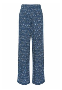 Modré vzorované kalhoty s elastickým pasem, které mají květinový vzor v bílé barvě. Široký střih nohavic s jemnou texturou.