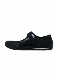 Black water shoes with a mesh design, Velcro strap, and textured rubber sole featuring grip points for enhanced traction.
