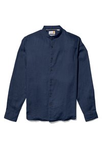 Camicia blu navy a maniche lunghe con colletto alla mandarino, chiusura frontale con bottoni e una trama sottile. Presenta un piccolo logo sul petto.